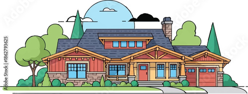 A charming, stylized illustration of a multi-level home with a stone foundation, red siding, and a welcoming yellow porch