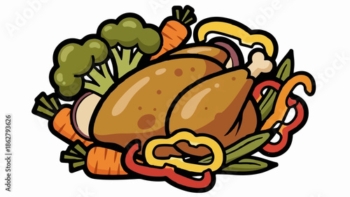 A festive roast fowl cradled by vibrant, cartoonish vegetables like broccoli, carrots, and bell peppers