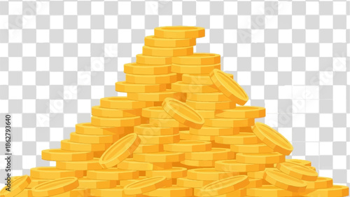 A large, cartoonish pile of golden coins and currency on a transparent background