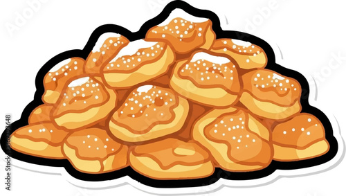 A large pile of golden-brown, fried dough pastries, many topped with white icing and sprinkles
