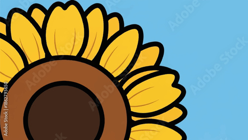 A large, partially visible sunflower with bright yellow petals against a clear blue sky