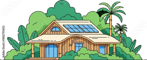 A charming, sun-powered cabin nestled amidst lush, tropical foliage and palm trees