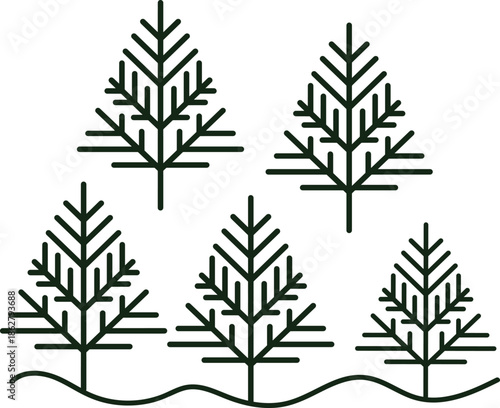 Set of five stylized minimalist pine fir trees on wavy snowy ground line art geometric design