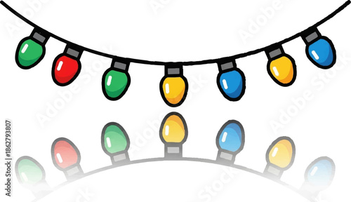 A festive string of colorful Christmas lights hangs with a subtle reflection below