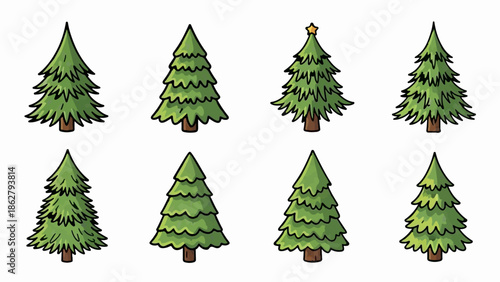A collection of eight stylized green fir trees on a white background
