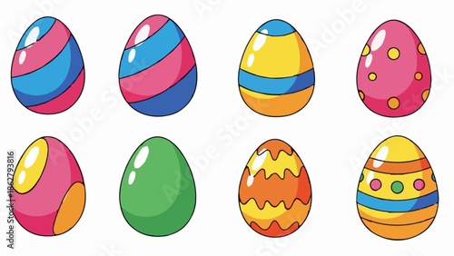 A collection of eight colorful, decorated Easter eggs arranged in two rows