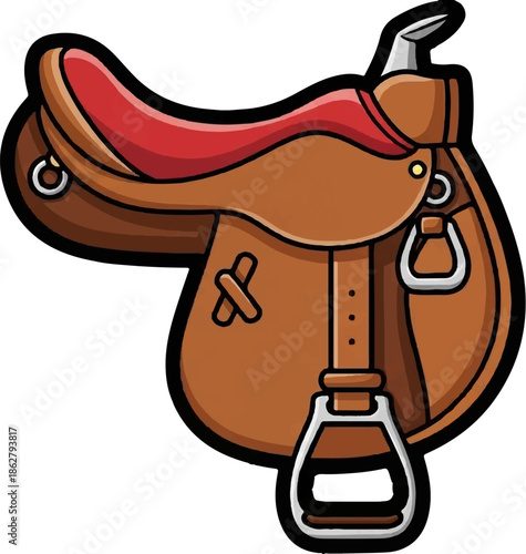 A cartoon illustration of a brown leather horse saddle with a red seat and metal stirrups