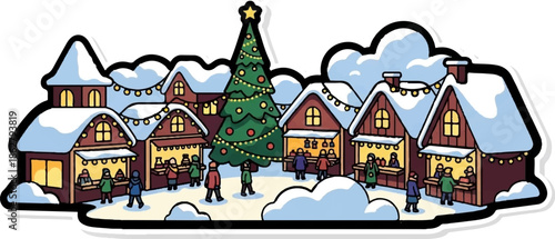 A charming winter market illustration featuring snow-covered stalls, a festive tree, and people shopping