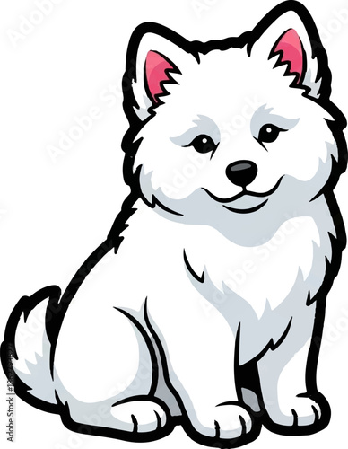 A cute, fluffy, white cartoon dog with pink ears sits smiling, depicted in a charming, simple style