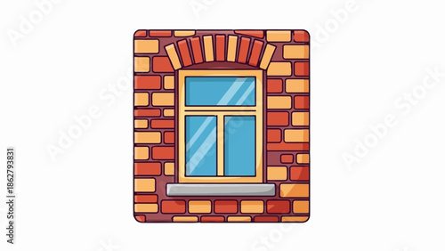 A cartoon illustration of a brick wall section with a yellow-framed window and a grey sill