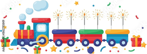 A festive toy train with sparklers and gifts, set against a white background