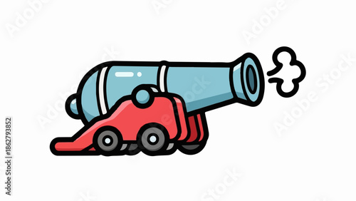 A light blue cannon with a red base and wheels, emitting smoke from its barrel on a white background