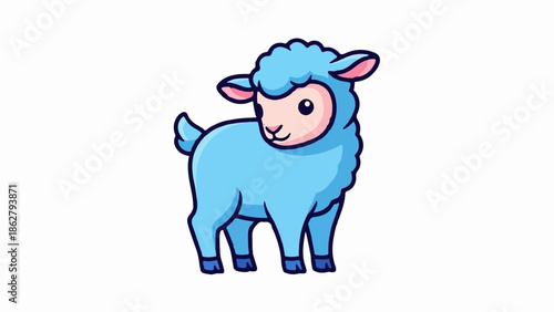 A cute light blue cartoon lamb with pink ears and face stands on a white background