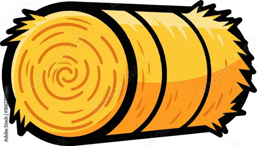 A cartoon-style illustration of a cylindrical hay bale with golden and orange tones and a dark outline