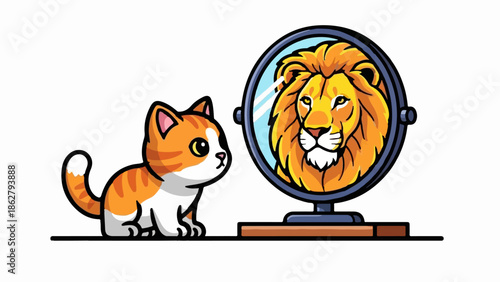 A cute orange and white cat looks into a mirror, seeing a fierce lion