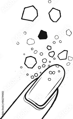 A fingertip interacts with scattered geometric shapes and granular textures