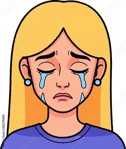 A cartoon illustration of a blonde woman crying with tears streaming down her face, expressing profound sadness