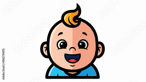 A cheerful cartoon baby's head illustration with a tuft of orange hair, wide smile, and big eyes, wearing a blue shirt
