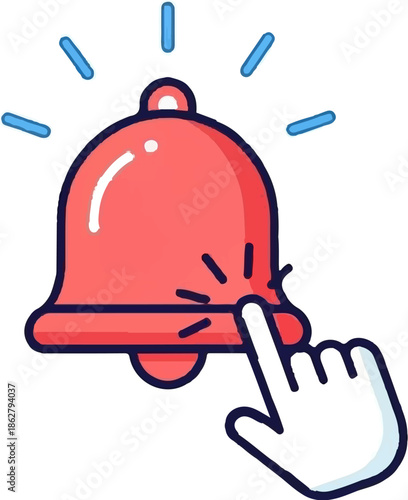 A finger cursor taps a red bell icon with blue sound waves