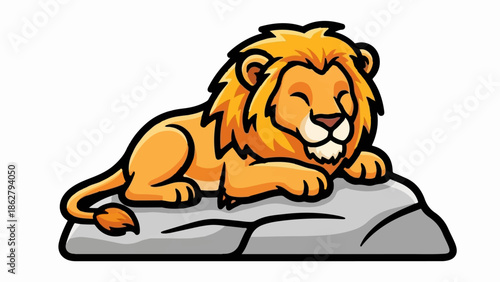A cartoon lion with orange fur and a bushy mane rests on a grey rock