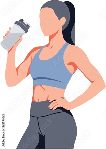 A fit woman in athletic wear drinks from a water bottle