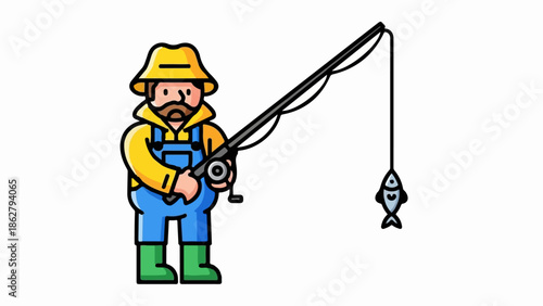 A cartoon illustration of a bearded man in a hat and overalls holding a fishing rod with a caught fish