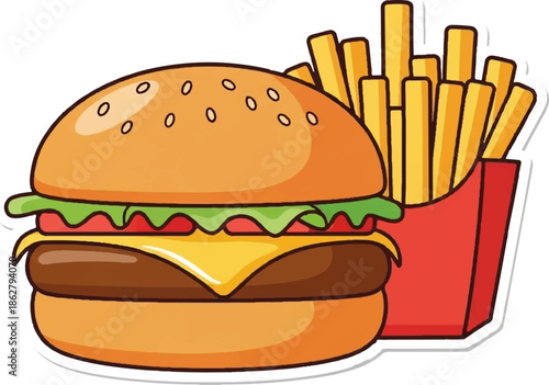 A cartoon illustration of a big burger with fries in a red box