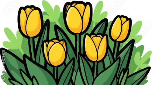 A cartoon illustration featuring six vibrant yellow tulips with green leaves and stems against a white background