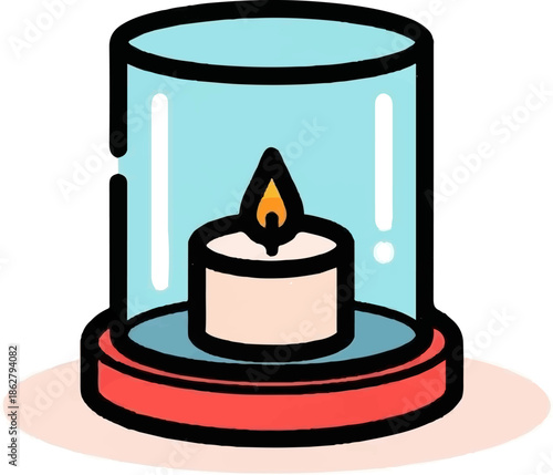 A lit candle glows warmly inside a transparent glass enclosure on a decorative base