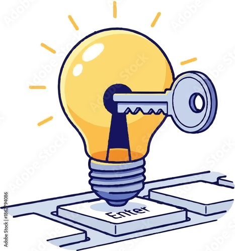 A lit lightbulb with a key in its lock, resting on an Enter key