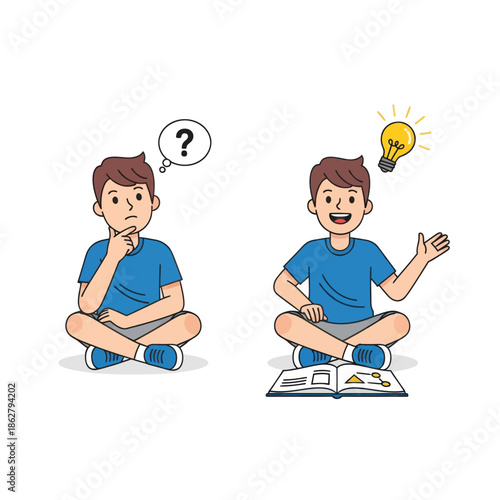 Boy Thinking and Having an Idea with Lightbulb Illustration