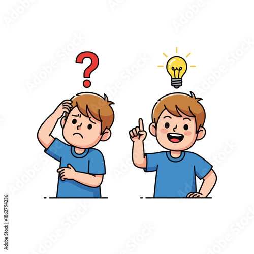 Boy thinking with question mark, then has a bright idea with lightbulb.