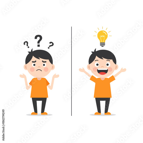 Confused Boy vs Happy Boy with Lightbulb Idea: Problem Solving and Inspiration