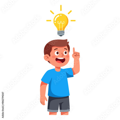 Excited boy with light bulb above head, representing a brilliant idea or innovation