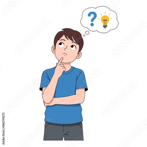 Young boy thinking with question mark and lightbulb in thought bubble, brainstorming