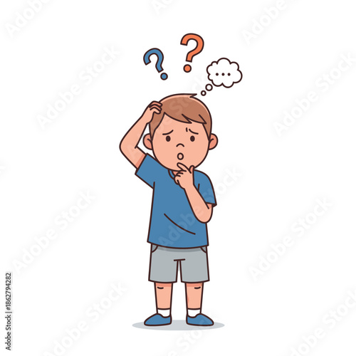 Confused Boy Thinking with Question Marks Above Head, Cartoon Illustration