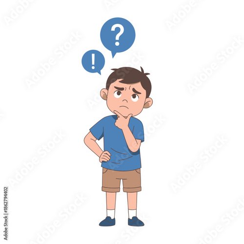Confused Young Boy Thinking with Question and Exclamation Marks in Speech Bubbles