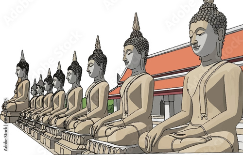A long line of meditating statues in front of a traditional temple with a red roof, illustration style