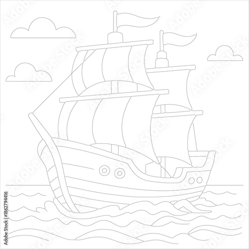 sailing ship on the sea line art design