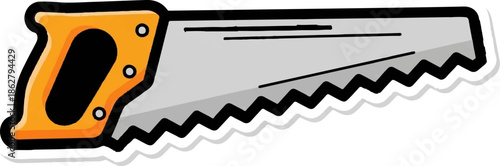 A cartoon hand saw with an orange handle and gray blade featuring jagged teeth, presented as a sticker