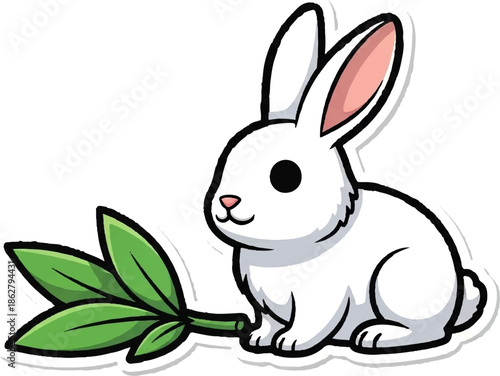 A cute white bunny sits next to a sprig of green leaves, drawn in a simple cartoon style