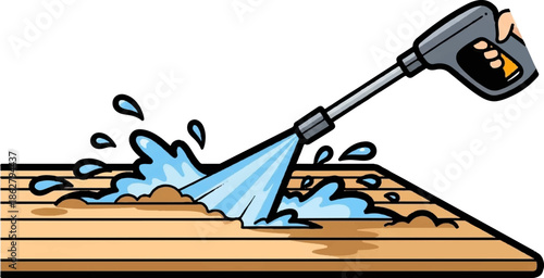 A cartoon hand holds a pressure washer, cleaning a dirty wooden deck with a powerful stream of water