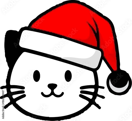 A cute white cat wears a festive red and white Santa hat, smiling with whiskers