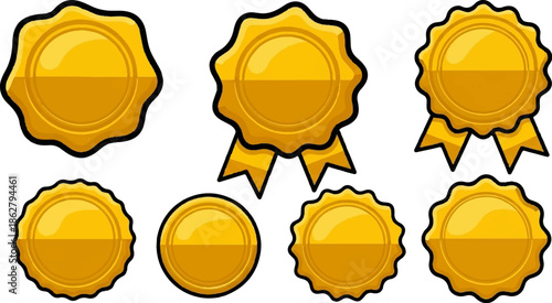 A collection of seven blank golden badges, seals, and awards in various shapes, on a white background