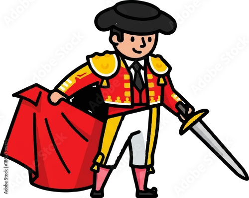 A cheerful cartoon figure in traditional Spanish attire, holding a red cape and a sword, on white