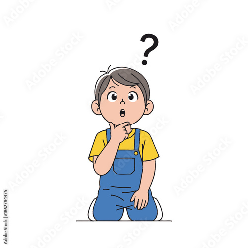Boy Kneeling with Question Mark, Thinking, Wondering, Curious, Confused, Doubt, Confusion