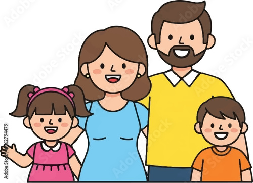 A cheerful cartoon family of four, parents and two young children, stand together smiling warmly, with a daughter waving