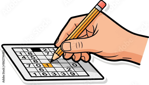 A cartoon hand holds a pencil, filling in numbers on a sudoku-like puzzle grid. Fun game activity