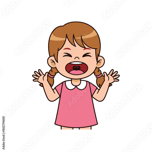 Cute Girl Character Yelling with Open Mouth and Pigtails - Vector Illustration