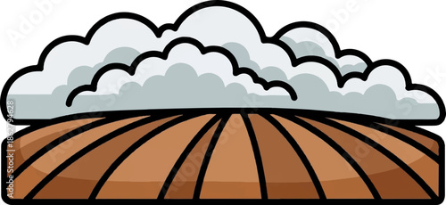 A cartoon of a plowed field under cloudy skies